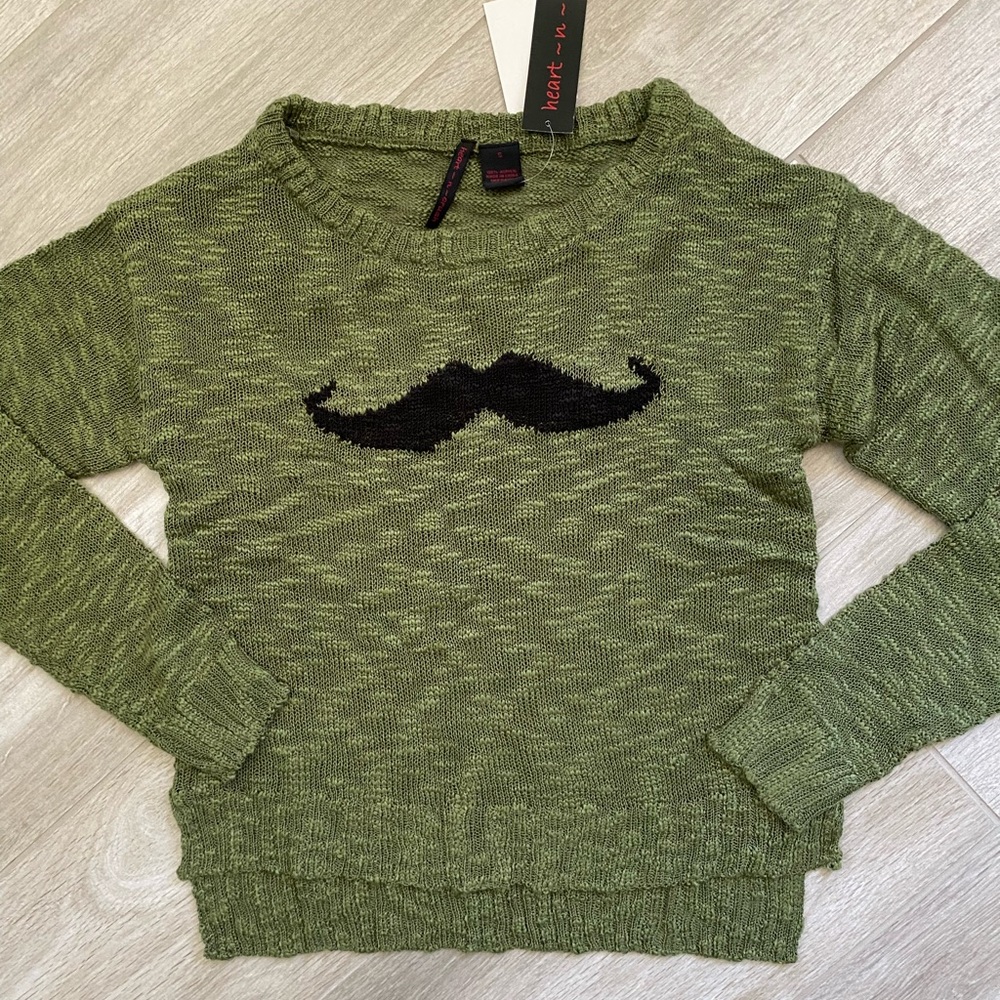 Heart N Crush Green Lightweight Long Sleeve Sweater With Mustache Graphic - Picture 10 of 15